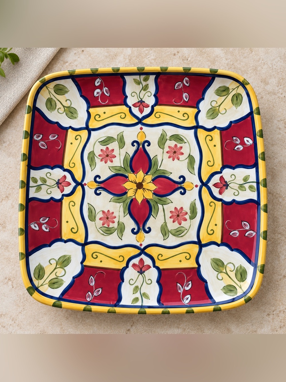 Pier 1 Imports Vallarta 13” Square Serving Platter Hand Painted Earthenware Flor